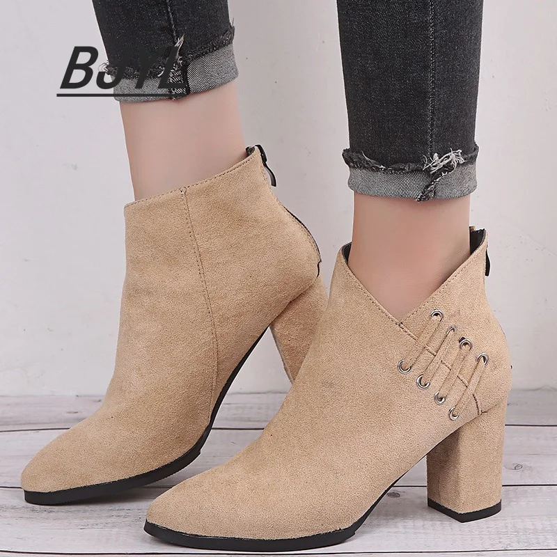 

Suede Thick Heel Thin Short Boots Women Fashion Temperament Pointed Toe Nude Boots 2021 Wild 43 Size Plus Size