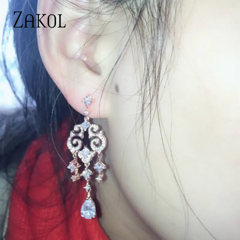 ZAKOL модные изысканные кубические циркониевые серьги в форме люстры длинные