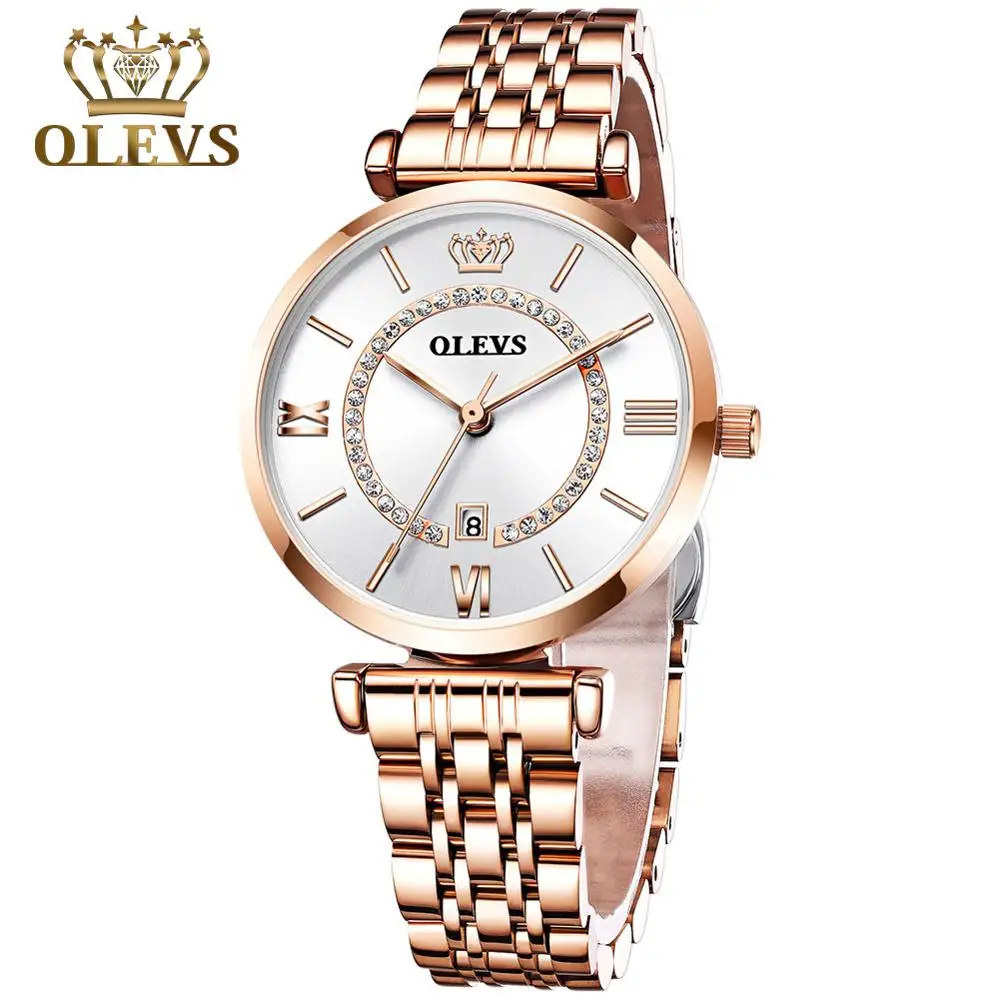 

Rose Gold Womens WatchStainless Steel Fashion Auto Date Ladies Watch Luxury Diamond Quartz Wristwatch Gift For Lady Reloj Mujer