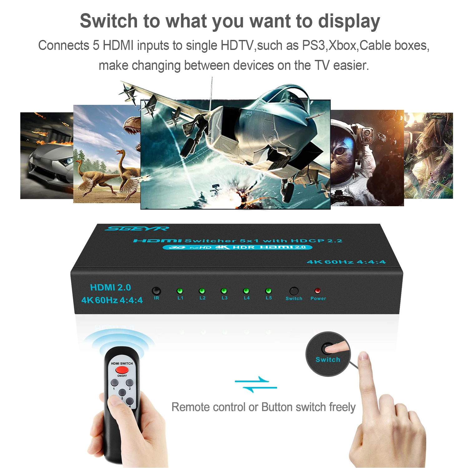 SGEYR 4K@ 60Hz 5x1 HDMI переключатель HDMI селектор переключатель 5 портов HDR ИК пульт 4K HDMI селектор коробка 5 в 1 выход автоматический переключатель HDMI коммутатор