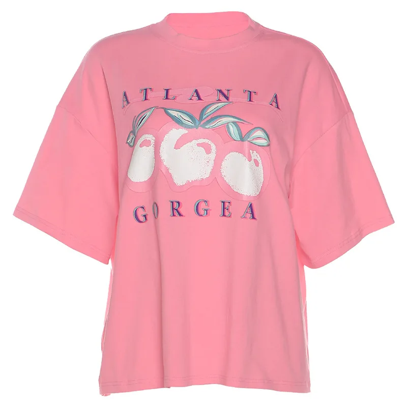 

Purplelano Pink Tshirt Peach Letter Print Womens Tops Half Sleeve Cute Tops O Neck Summer 2021 Woman Vintage T Shirts Streetwear