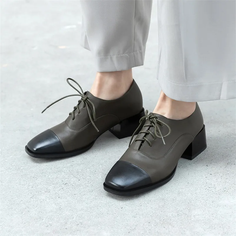 

Meotina High Heels Women Shoes Natural Genuine Leather Block High Heels Shoes Cow Leather Mixed Colors Square Toe Shoes Lady 40