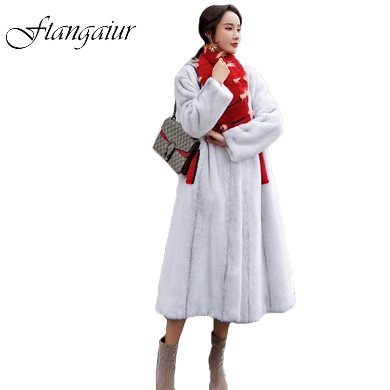 

Новая зимняя импортная бархатная норковая шуба Ftangaiur, женская шуба с длинным рукавом и меховым шарфом, свободная шуба из натурального меха норки средней длины
