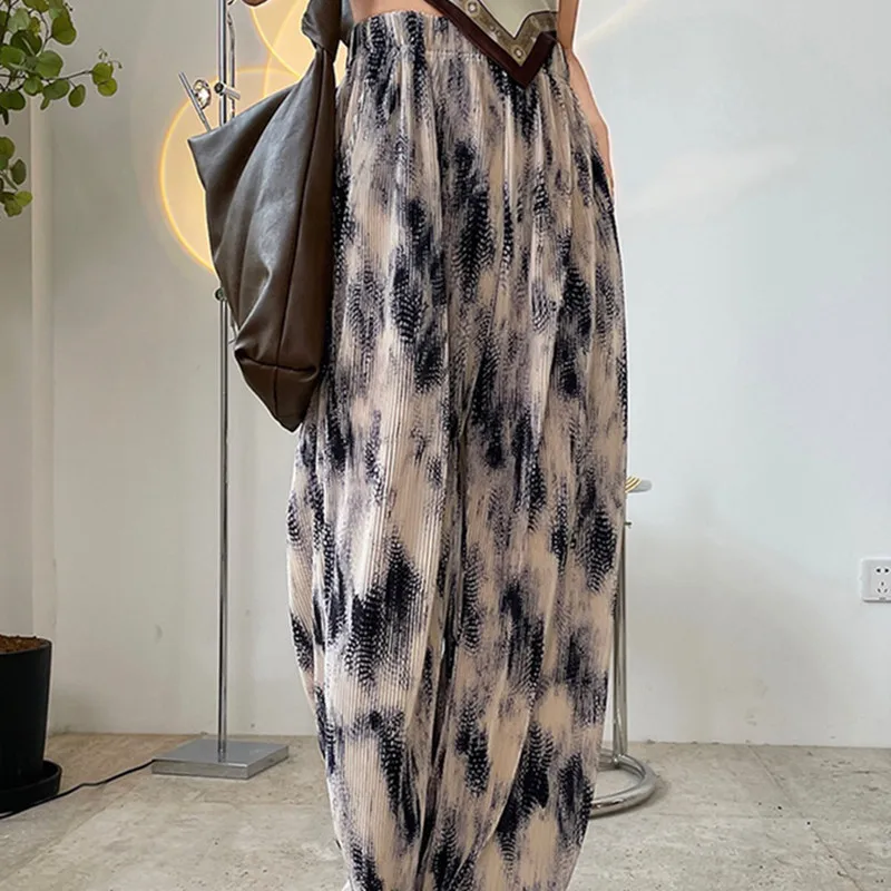 

2021 New Summer Elegant Female Wide Leg Trousers Loose Tie Dye Fashion Women Pants Casual High Quality Ladies Bottoms T44