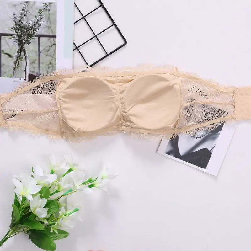 Womens Floral Lace Seamless Bandeau Wire Free 4-Hook Bralette Strapless Tube Top X3UE