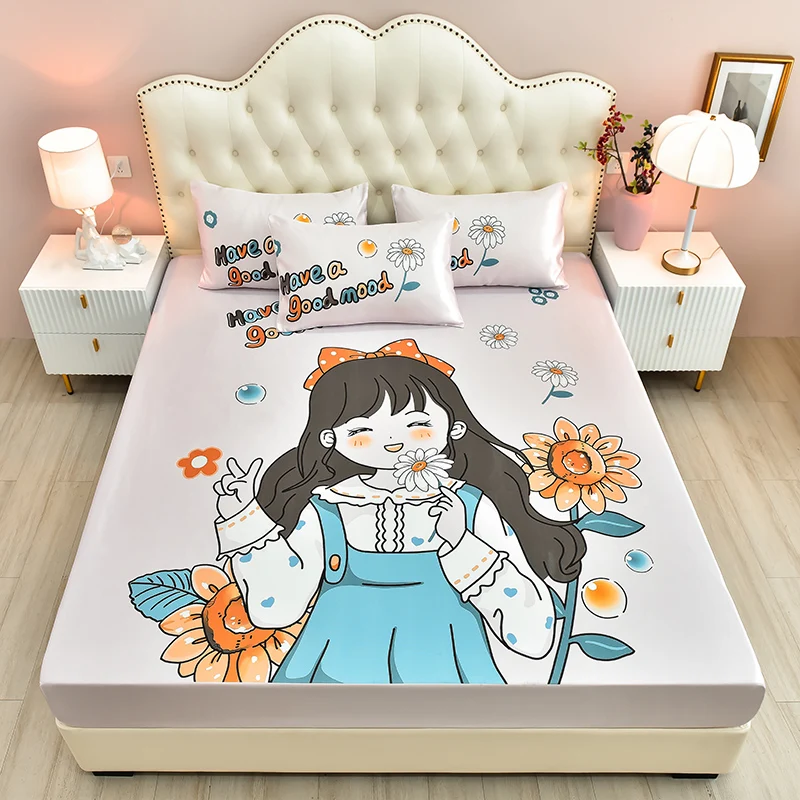 

2021 NEW Summer Ice Cool Fibber Fitted Sheet Set With Whole Elastic Rubber Anti Dust Mite Mattress Cover Home Mat Room Linen 3pc