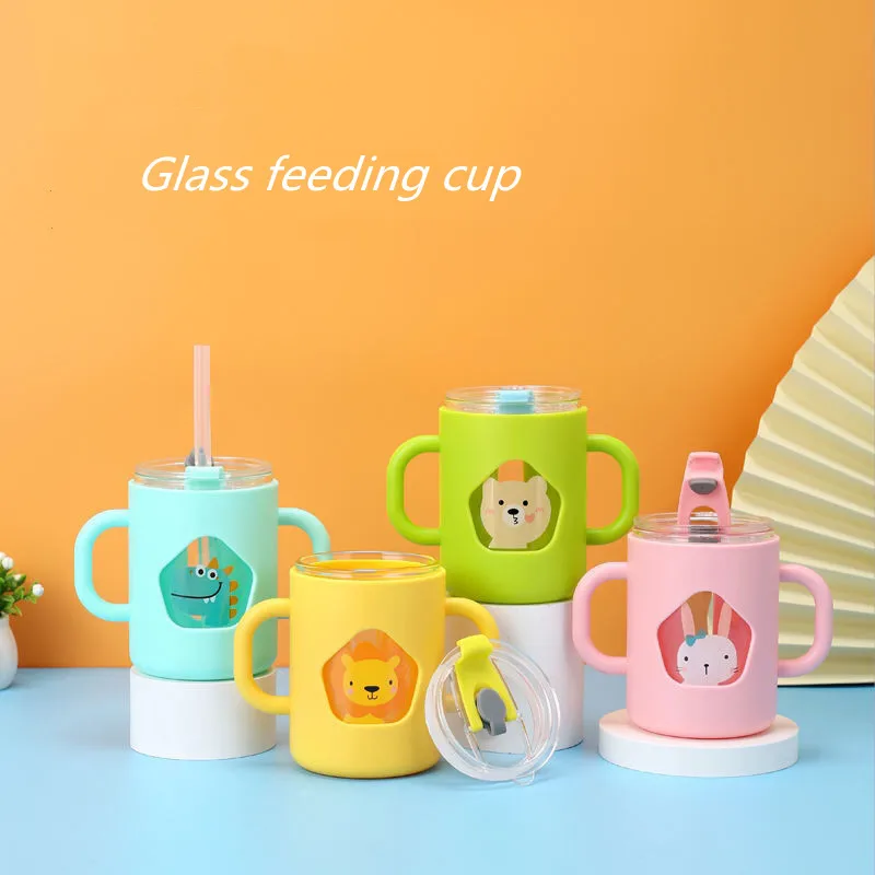 Taza de leche de dinosaurio de dibujos animados para niños, vasos de alimentación de bebé con pajita de vidrio, botellas de agua, taza de agua con funda protectora