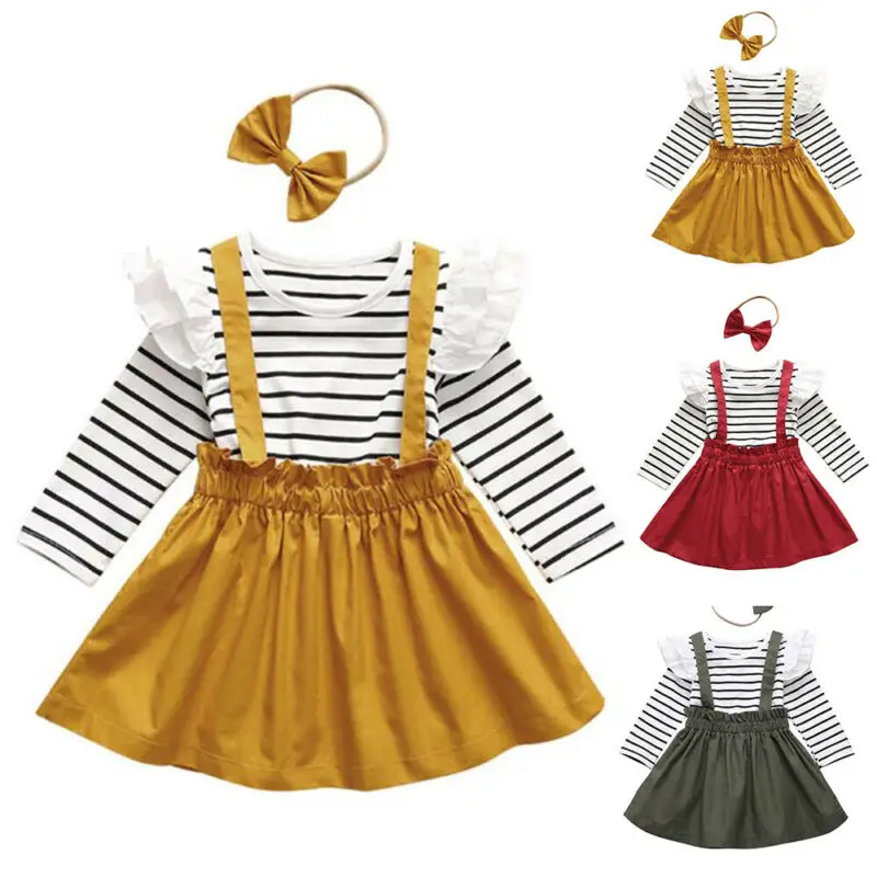 

Summer Clothes Kids Baby Girls Long Sleeve Outfit Stripe Ruffle T-Shirt Tops Skirt Headband 3Pcs Set Toddler Girl Suits