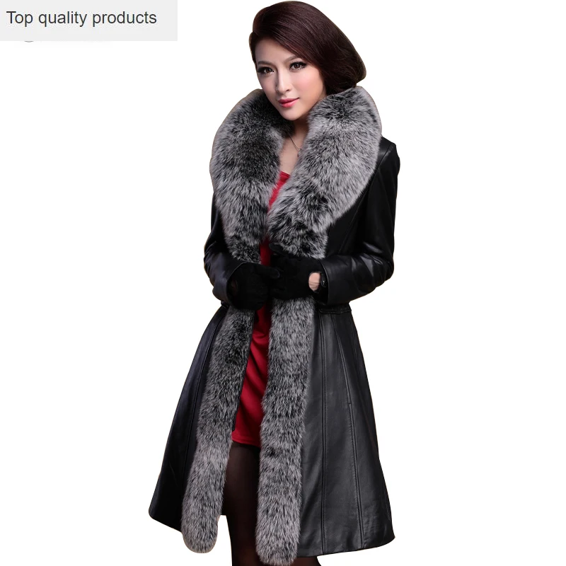 2020 Plus size Fox Fur Collar Genuine Leather Coat Women Winter Outerwear White Duck Down Sheepskin Long Jackets Female OK1118 | Женская