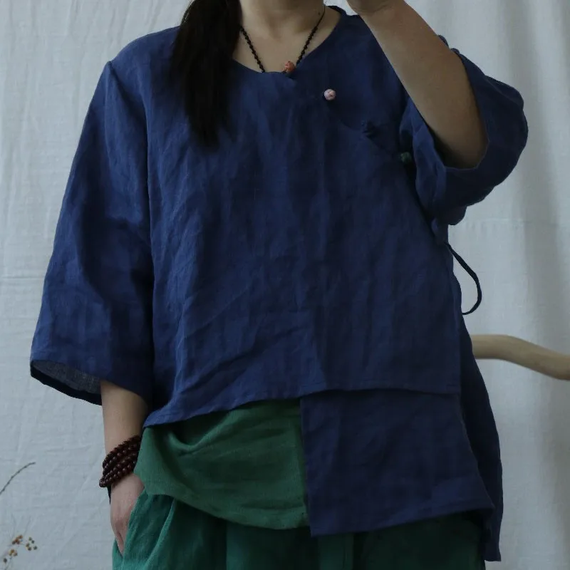 Женская рубашка с круглым вырезом Johnature однотонная Асимметричная и полурукавами