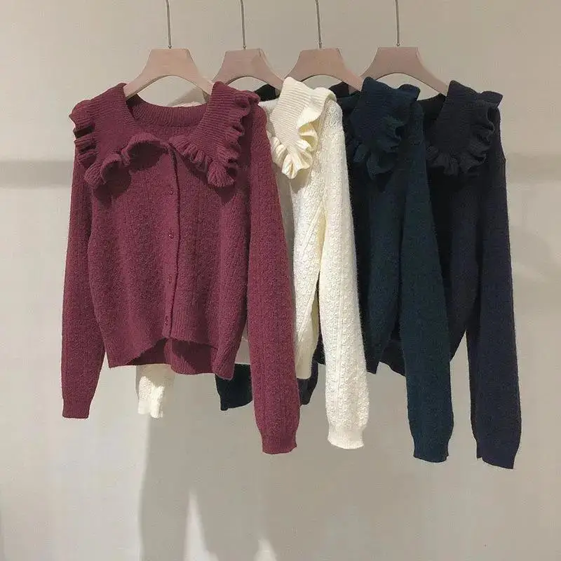 

Doll collar sweater women's cardigan spring and autumn new loose long-sleeved wooden ear coat cropped sweater
