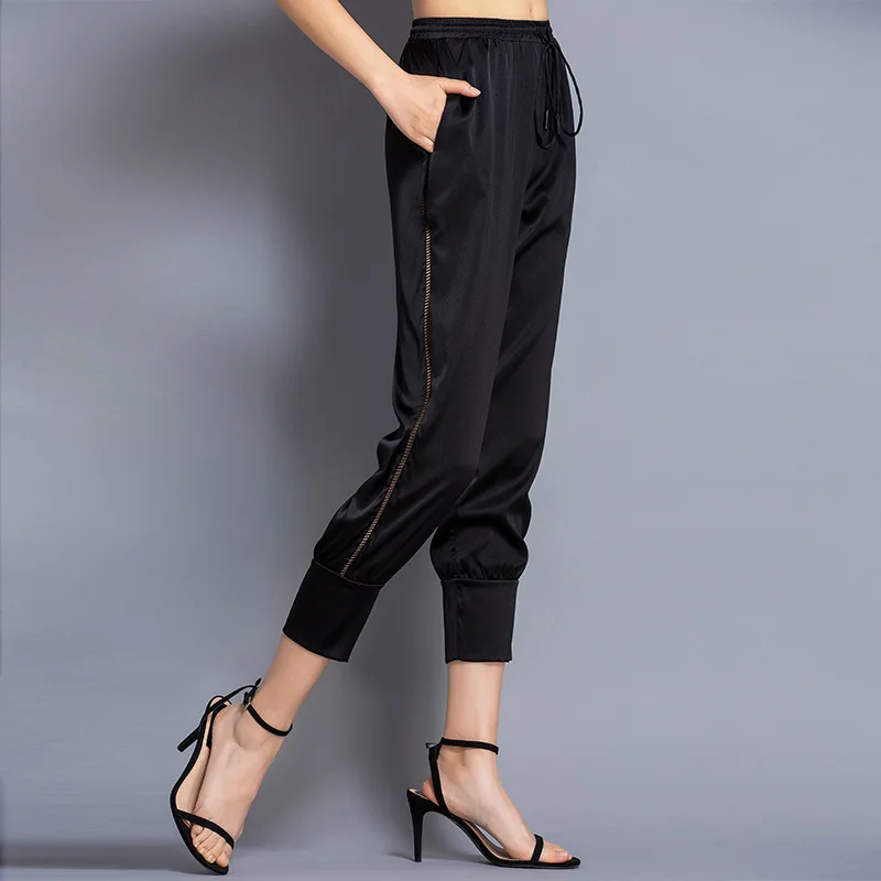 Mulberry Silk pants women's 2021 spring and summer new Capris high waist drawstring slim silk pants women summer 190310