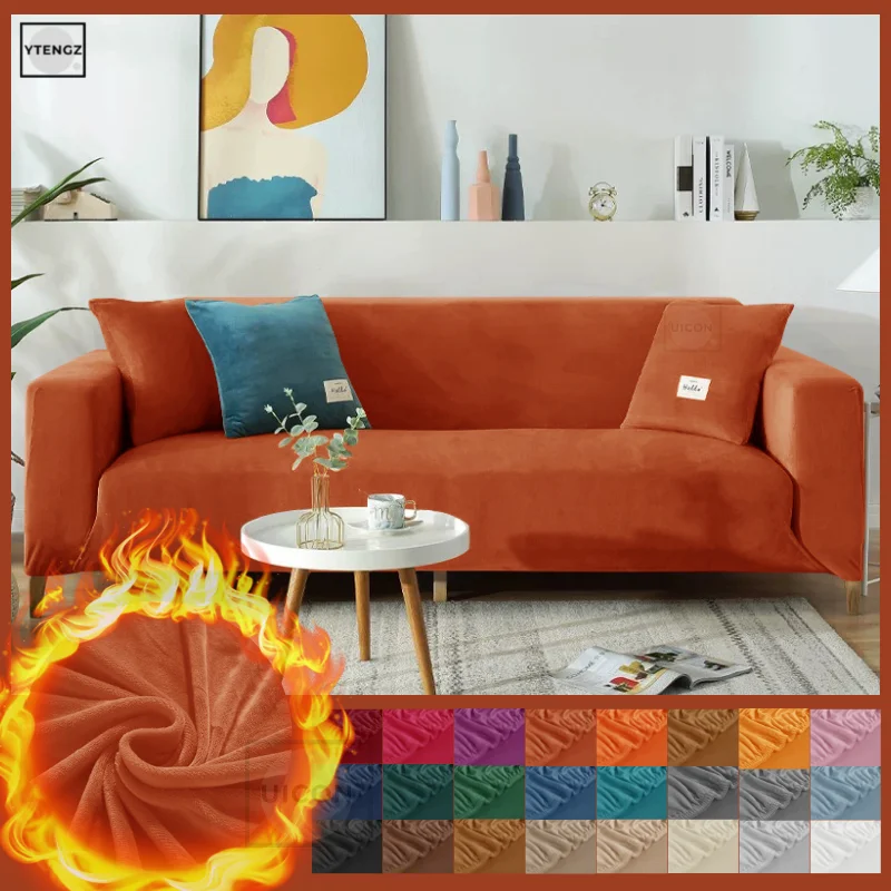 

Velvet Sofa Cover For Living Room Thick Couch Cover Orange Slipcovers For Armchairs Adjustable Corner Cover 3 Seater Sofa Cover