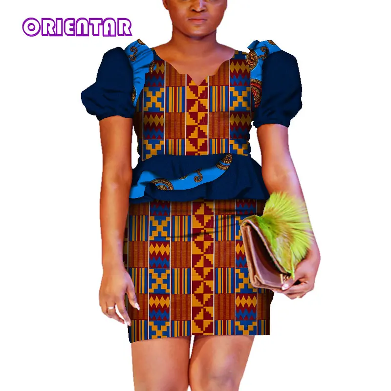 

2 Pieces Skirt Set Women African Clothes Set Puff Sleeve Tops and Short Skirts Africa Bazin Riche African Design Clothing WY4241