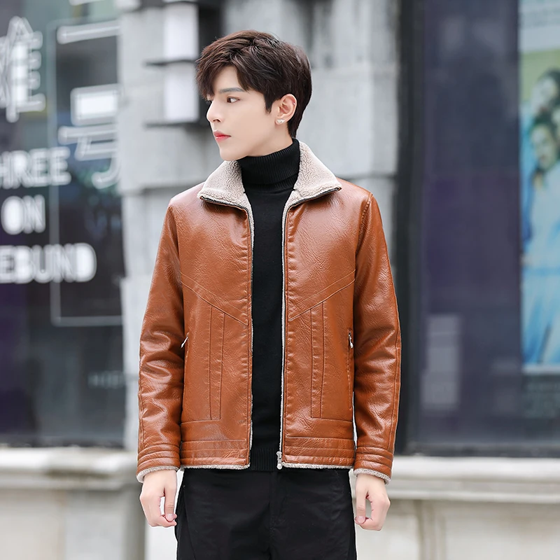 

2020 autumn and winter new plus velvet jacket fur one middle-aged men's lapel Dad clothes PU leather jacket chaqueta moto hombre