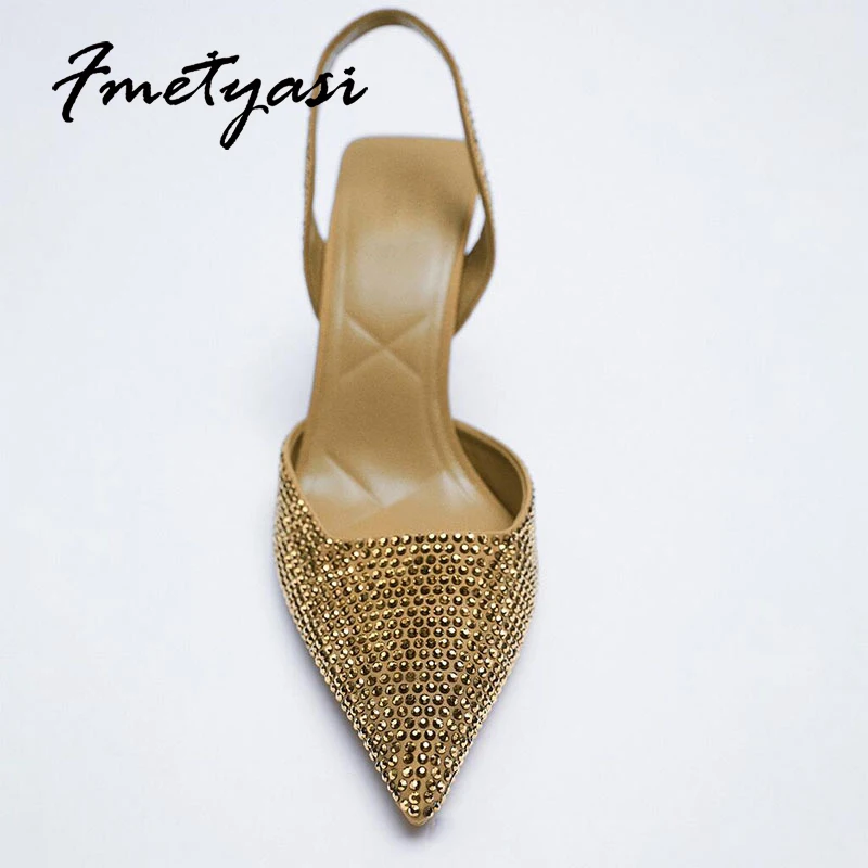 2022 летние женские сандалии с золотыми кристаллами и острым носком туфли на