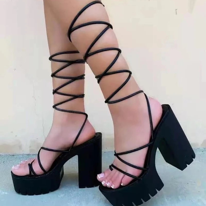 

Женские босоножки на массивном каблуке, однотонные Босоножки на платформе с открытым круглым носком, на шнуровке, с перекрестными ремешкам...
