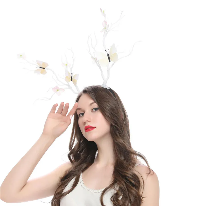 

Tree Branches Antlers Headbands, Forest Witches Hair Bands with Flowers Butterflies for Holiday Party