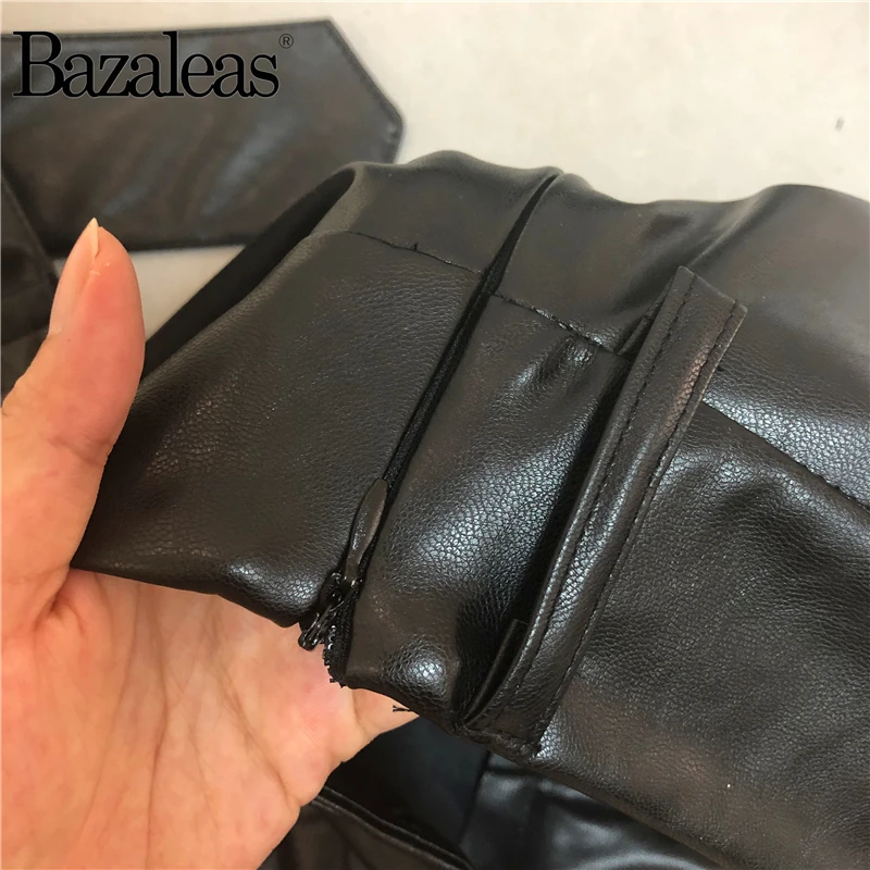 Bazaleas базовые модные юбки Повседневная Женская шикарная Черная Юбка-миди из искусственной кожи ремень с бантом сбоку на молнии трапециевидная плиссированная юбка