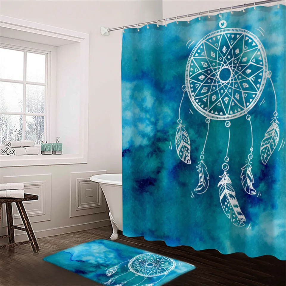 Постельное белье Outlet Dreamcatcher занавеска для душа и коврик для ванной набор Белоголовый Орел Синий водонепроницаемый занавеска для ванной комнаты Boho Ванна Декор 2 шт