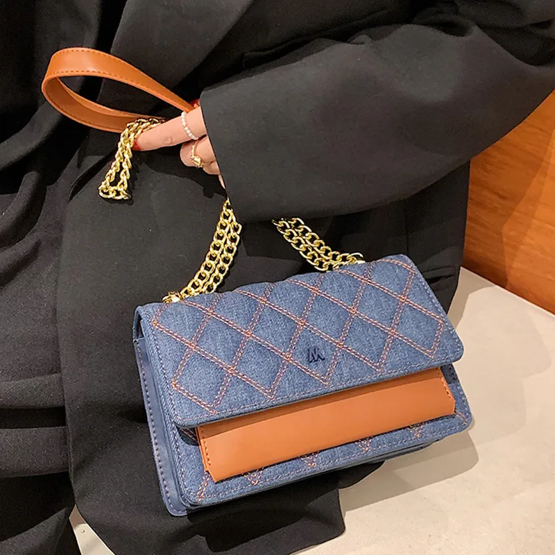 

Vintage Trends Denim Small Square Flap Bag Chains Crossbody Bags For Women 2021 Brand Designer Shoulder Bag Panelled Handbag Sac