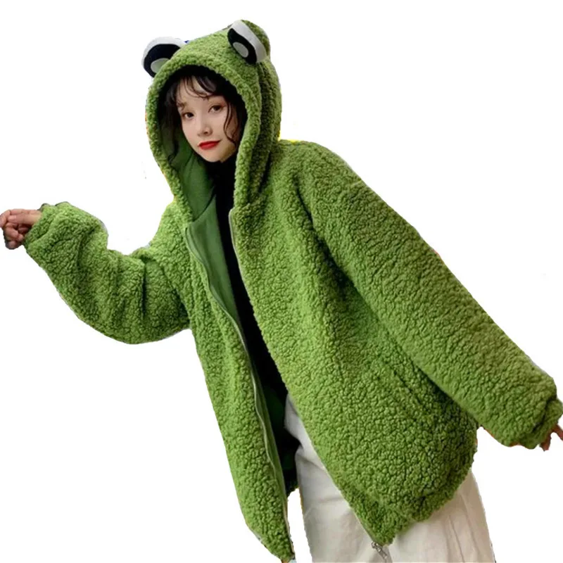 2021 Autumn Winter Frog Eyes Hooded Sweatshirt Zip-up Plush Fleece Oversized Hoodies Women Thicken Keep Warm Kawaii Outwear Top