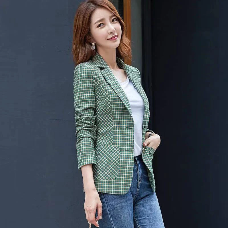 Винтажный двубортный офисный женский клетчатый блейзер с длинным рукавом