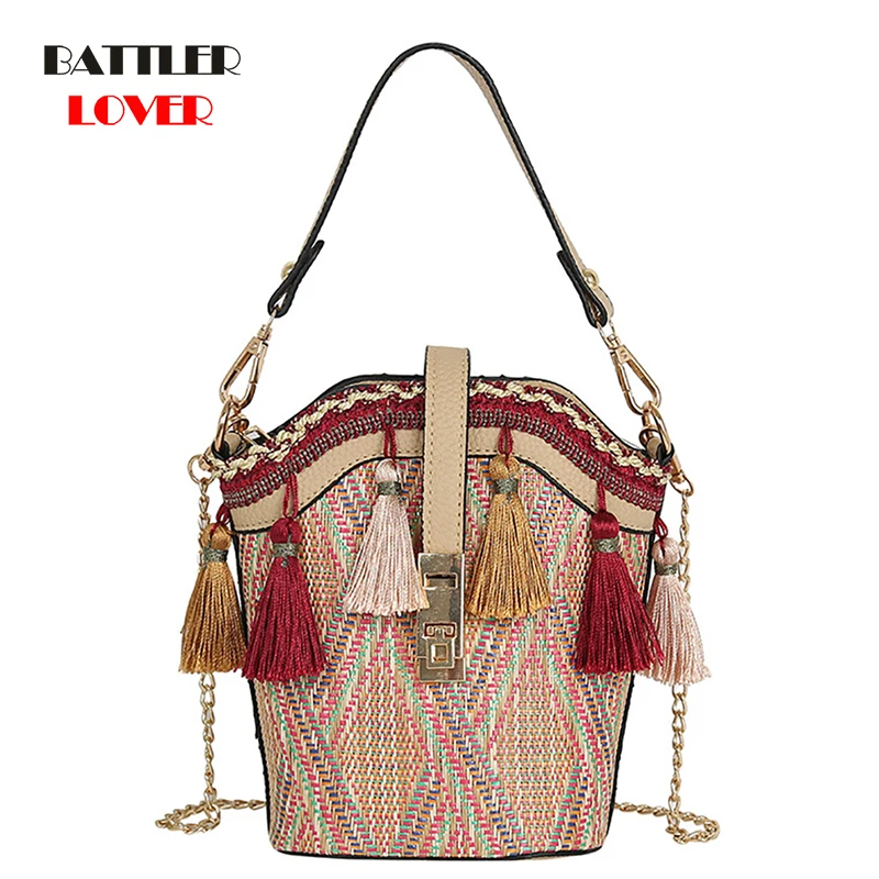 

Women's Small Shoulder Bag Fashion Straw Beach Handbag For Female Messenger Totes Ladies Tassels Purse Crossbody Messenger Bag