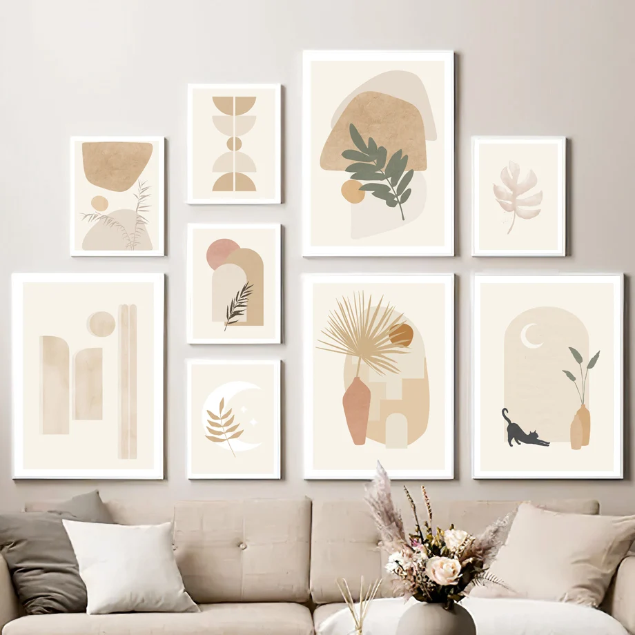 

Boho Leaf Vase Sun Cat Moon Monstera Abstract Wall Art Canvas Painting Nordic Posters And Prints Wall Pictures Living Room Decor