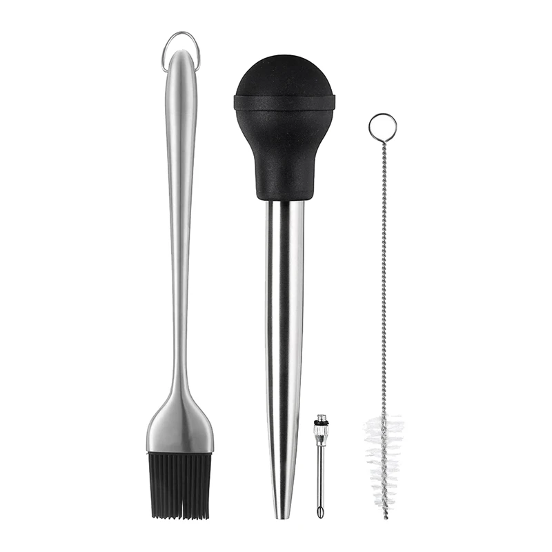 

Stainless Steel Turkey Baster with BBQ/Grill Basting Brush,Rubber Bulb with Flavor Needle & Cleaning Brush,Easy Clean Up