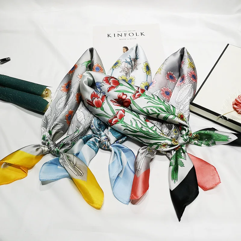 2020 70x70 Flower floral Multipurpose women Silk twill scarf Satin square tie Hairband ladies foulard femme towel bufanda shawl |
