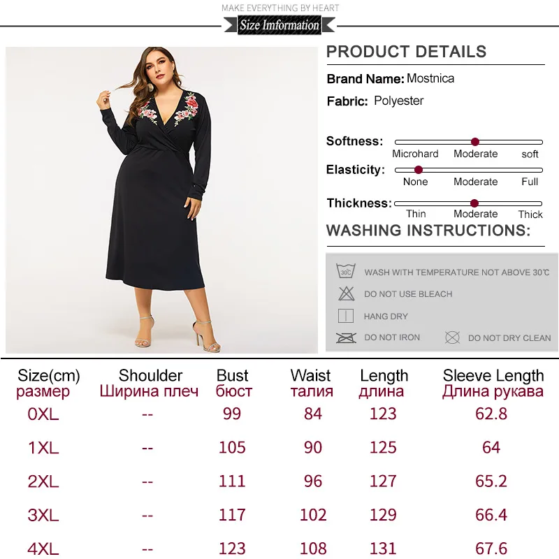 

Mostnica Plus Size Women Aline Midi Dress Spring Solid Appliques Deep V Neck Long Sleeves Black Casual Pary OL Dresses Woman
