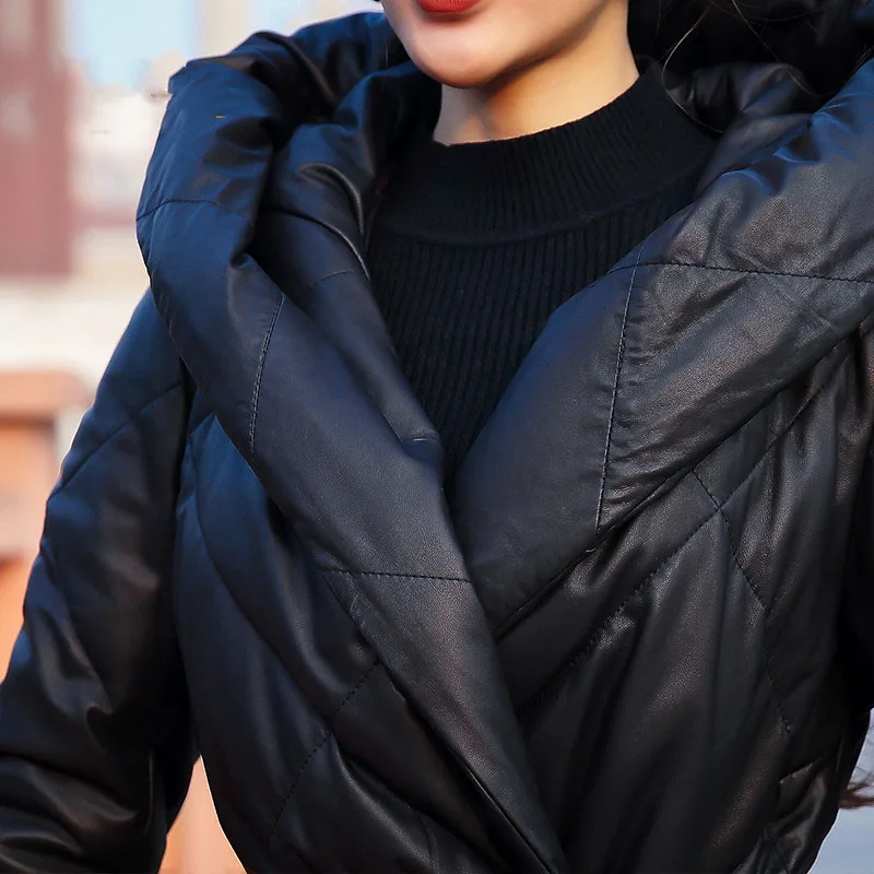 2023 Elegant Women Winter New Sheepskin Leather Down Coat Female Long Thickened Warm Hooded Plus Size Slim Leather Jacket OK1300 enlarge