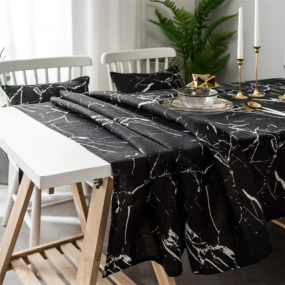 Stylish Black Marble Vein Rectangle Tablecloth Ins Modern Minimalist Table Cover for Kitchen Dinning Tabletop Decoration Home | Дом и сад