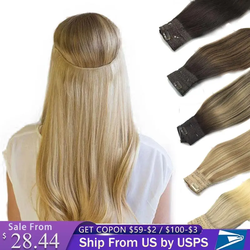 

Straight Halo Hair Extensions Invisible Hidden Wire Hair Extensions Fish Line Human Hair Extension Ombre Blonde Golden Remy Hair