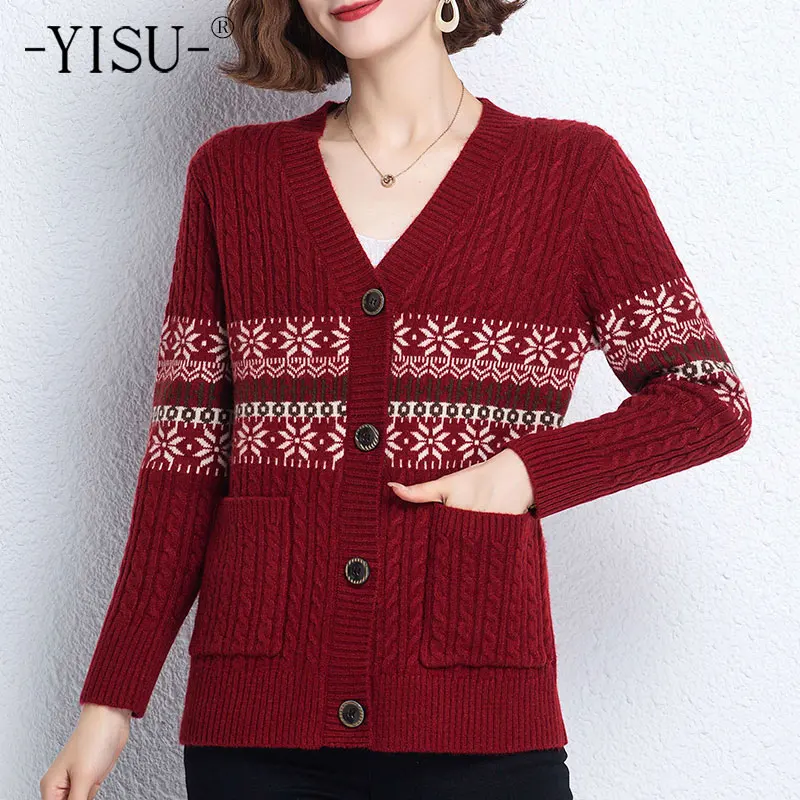 

Женская одежда YISU, весенний свитер с V-образным вырезом, весенние топы с карманами, Женский Повседневный однобортный Вязаный Кардиган с длин...