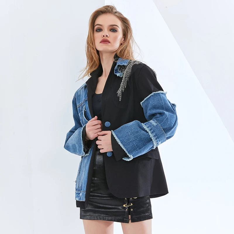 

TWOTWINSTYLE Casual Patchwork Denim Jacket For Women Lapel Long Sleeve Beading Streetwear Jackets Female Spring Fashion Clothes