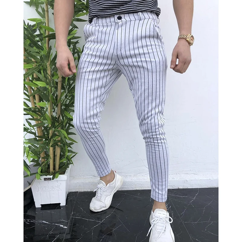 

New Casual Spring Summer Trousers Vintage Striped Printed Slim Pencil Pants Men Mid Waist Fashion Business Pants Men Streetwear