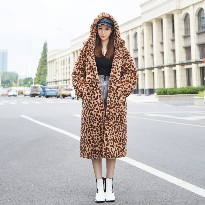 Пальто с искусственным мехом леопардовое длинное пальто капюшоном кроличьим