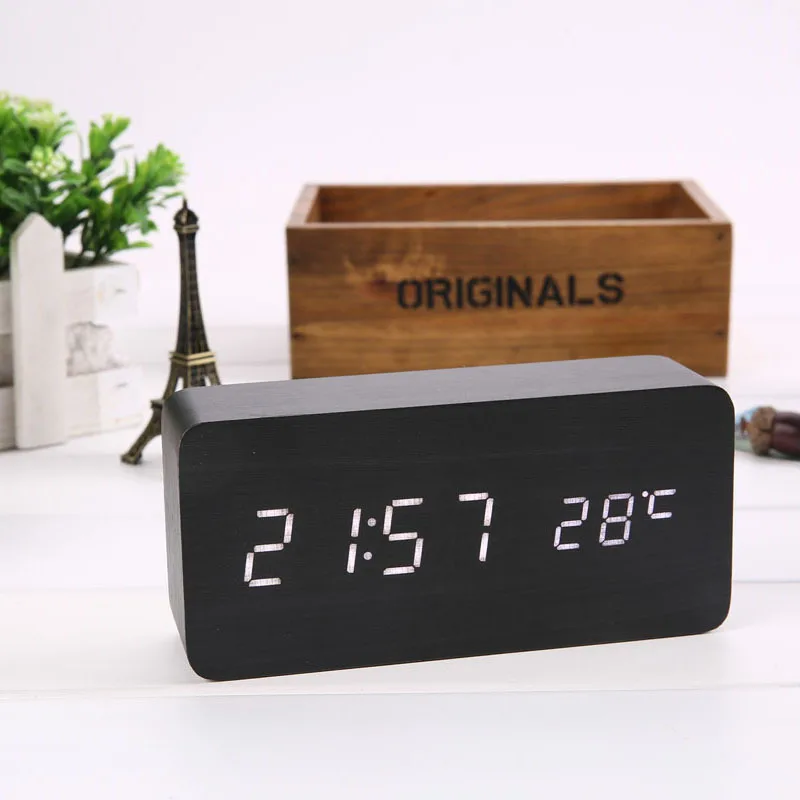 Электронные настольные часы светодиодный Деревянный Будильник голосовое