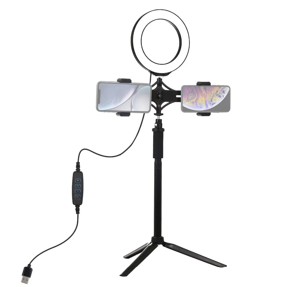 PULUZ PKT3038 6,2 дюймов USB видео кольцевой светильник со штативом, светильник, подставка, удлиняющая палку, двойной зажим для телефона для Tik Tok Youtube Live