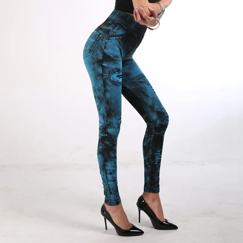

Sexy Elastic Imitation Faux Jeans Leggings High Waist Pants Fitness Slim Leggins Mujer 2021 Sport Push Up Leggings For Women Hot