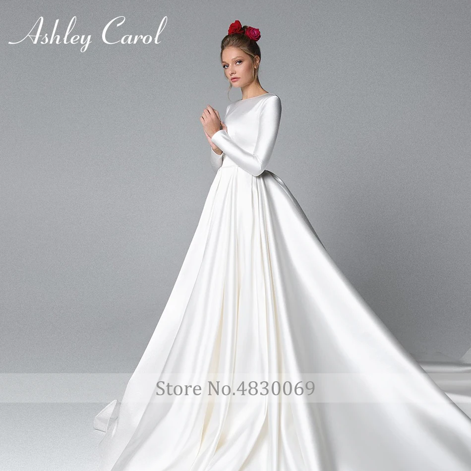 Эшли Карол мусульманское свадебное платье 2021 элегантное атласное с О образным