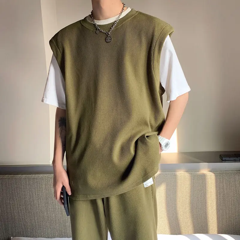 

Spring Korean Sweater Vest Men's Fashion Casual Pullover Sweater Men Streetwear Loose Casual O-neck Sweater Vest Mens M-3XL