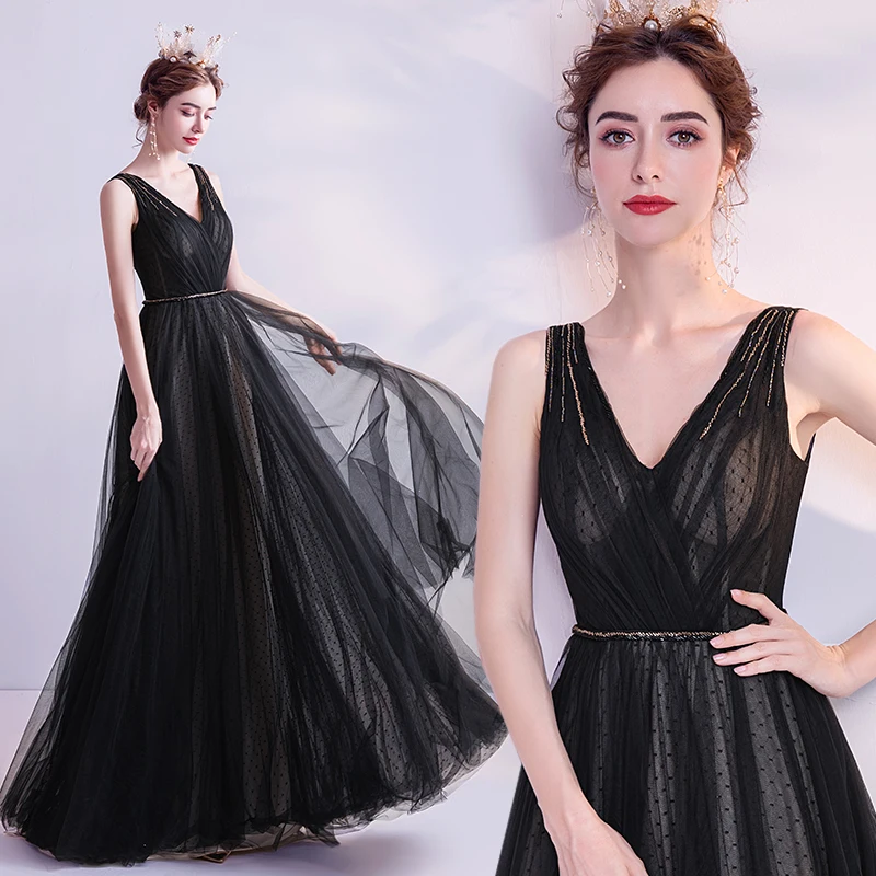 Черное вечернее платье трапеция из тюля с V образным вырезом и поясом Элегантное