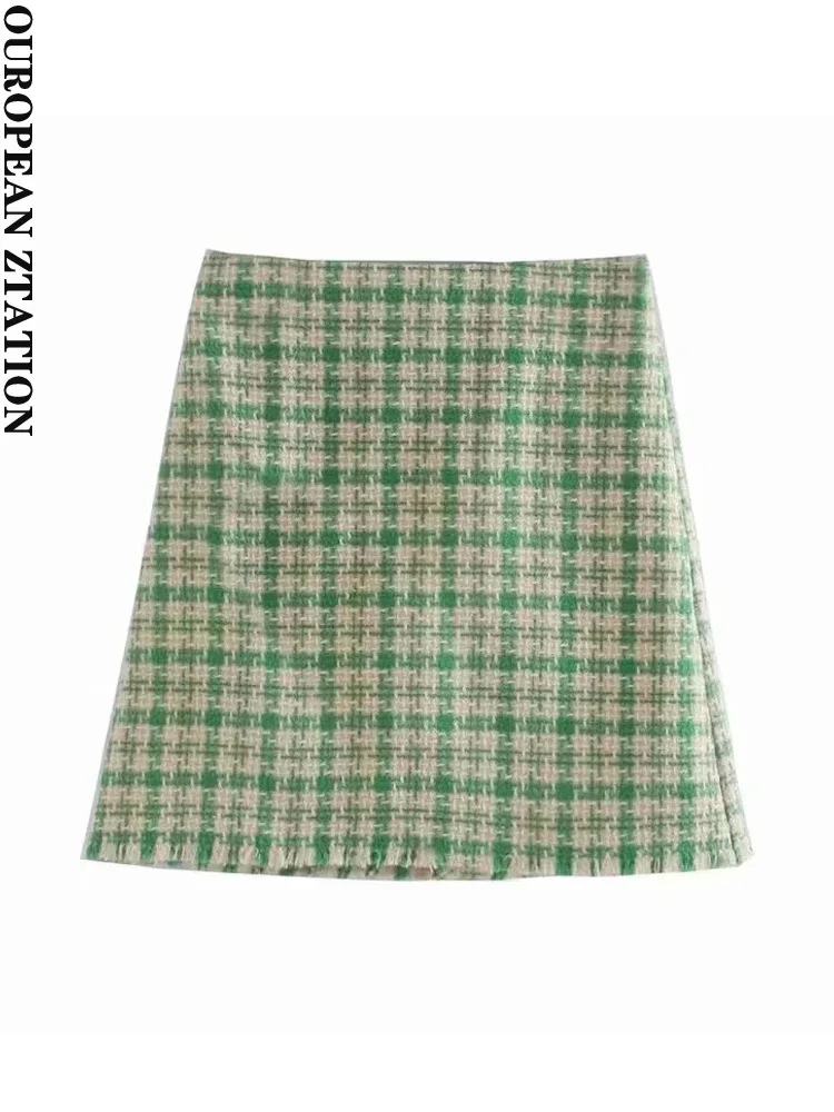 

Women 2021 za fashion houndstooth tweed mini skirt vintage high waist back zipper fringe female skirts mujer