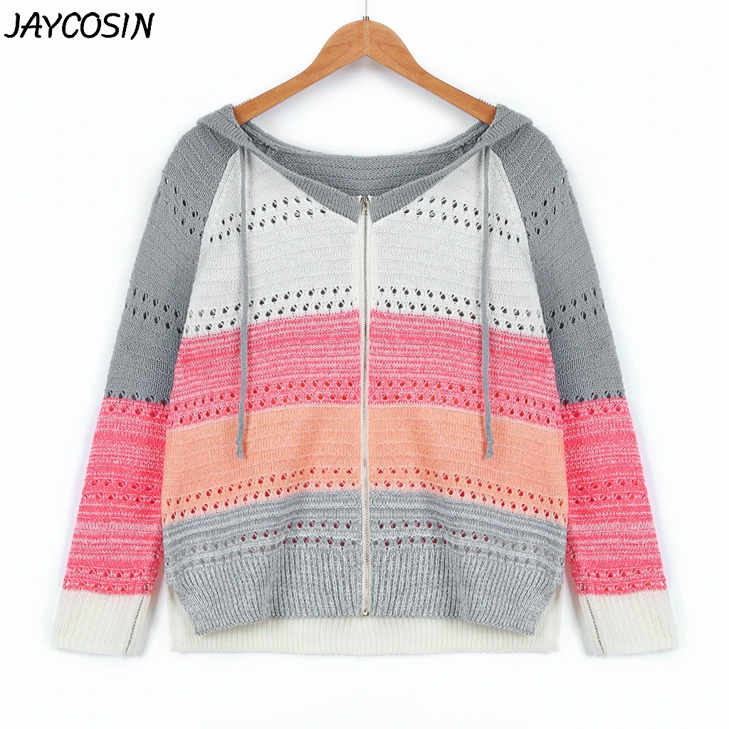 JAYCOSIN Women Lazy Stripe Patchwork Long Sleeve Simple Wild Knitted Hooded Sweater Cardigan Zipper Casual Loose Tops Sweaters |