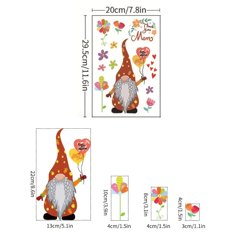 

9 Sheets Mother's Day Stickers Swedish Gnome Glass Window Clings Decals Fridge Sticker Home Decorations