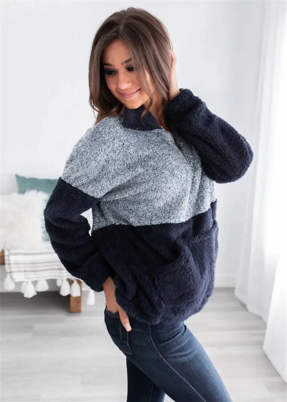 2019 Casual Streetwear Women Pullover Sweatshirt Front Zipper Autumn Warm Patchwork Coat Female Stitching Fur Pocket Hoodies | Женская