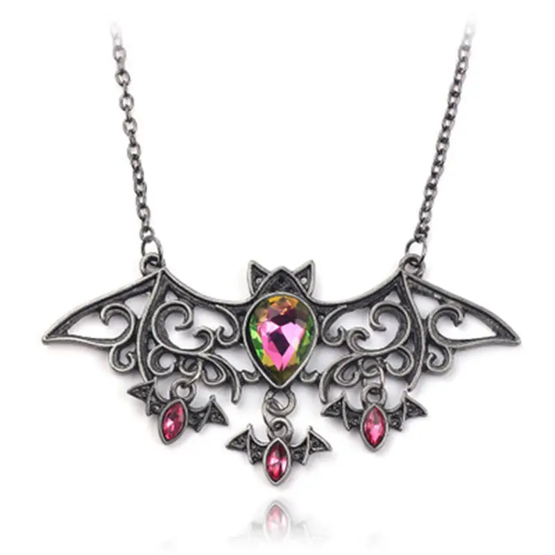 Vintage Halloween Necklace Alloy  Bat Animal Pendant Red Rhinestone Necklaces For Women Men Holiday Party  Jewelry Gifts, 1 PC